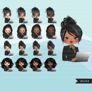May include: Digital illustration of a Black woman with curly hair wearing a black blazer with a leopard print collar and a headband. She is sitting at a desk with a laptop computer in front of her.