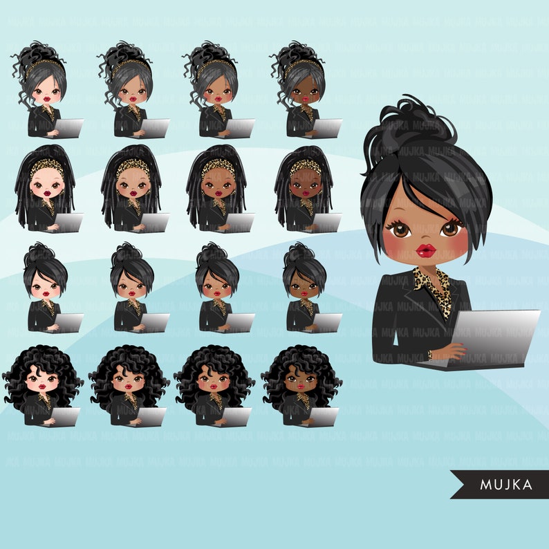 May include: Digital illustration of a Black woman with curly hair wearing a black blazer with a leopard print collar and a headband. She is sitting at a desk with a laptop computer in front of her.