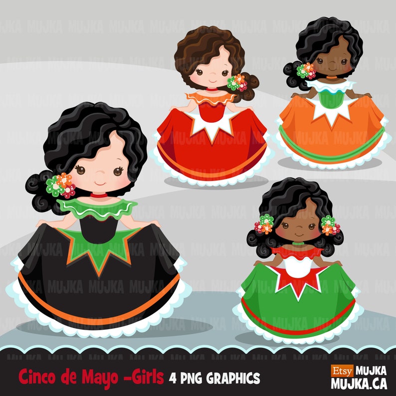 Puede incluir: Cuatro ilustraciones digitales de ni&ntilde;as con vestidos tradicionales mexicanos en colores rojo, naranja, negro y verde. Las ni&ntilde;as sonr&iacute;en y tienen el pelo oscuro. El texto "Cinco de Mayo - Girls 4 PNG GRAPHICS" est&aacute; en la parte inferior de la imagen.