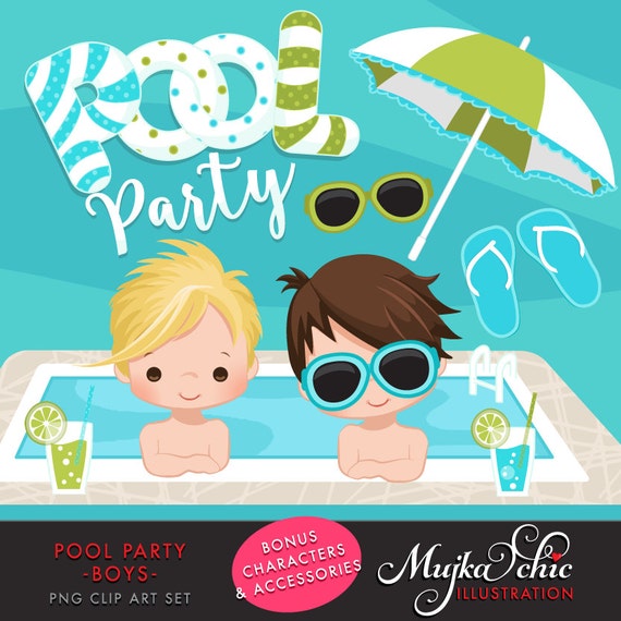 Pool Party Clipart for Boys. Little boys with pool party banner, flip flops, fruit drinks, sunglasses, umbrella and pool summer cliparts Il_570xn