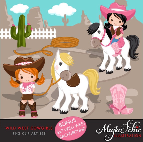 Cowgirl Clipart- Pink & Brown, Western Graphics, cowgirl characters, pink cowgirl boots, lasso, wild west, sheriff, cowgirl hat, commercial Il_570xn