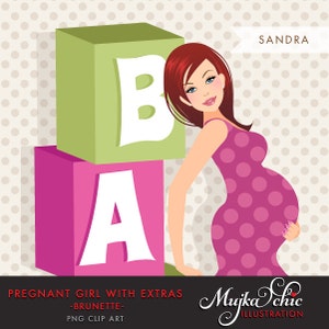 Baby shower Pregnant Woman Character Design with gift boxes and baby wording. Chic Character Design for Web, Blog or Social Media, PNG image 2