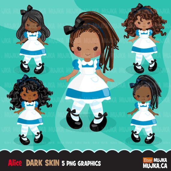 Alice in Wonderland Clipart, African American Alice, dark skin,Mad Hatter Tea Party Eat Me Drink Me, party favors, scrapbooking, braided Il_570xn