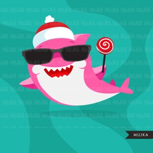 May include: A pink cartoon shark wearing a Santa hat and sunglasses, holding a red and white lollipop. The shark is swimming in turquoise water with white waves.