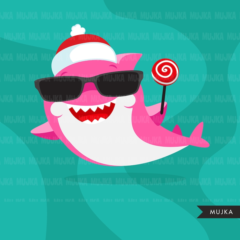 May include: A pink cartoon shark wearing a Santa hat and sunglasses, holding a red and white lollipop. The shark is swimming in turquoise water with white waves.