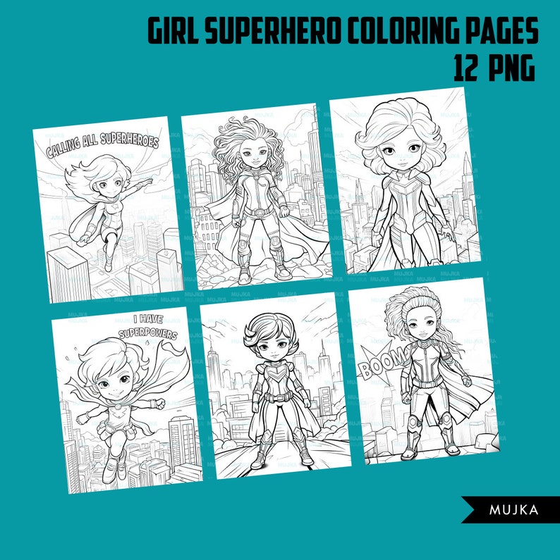 Puede incluir: Un conjunto de 12 p&aacute;ginas para colorear en blanco y negro con chicas superh&eacute;roes en varias poses. Las p&aacute;ginas incluyen texto como "Calling all superheroes" y "I have superpowers".