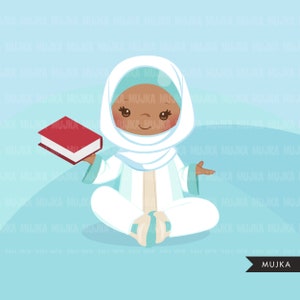 Muslim girls clipart, Islam graphics, Quran reading kids with Hijab and Misbaha, Tasbih clip art image 3