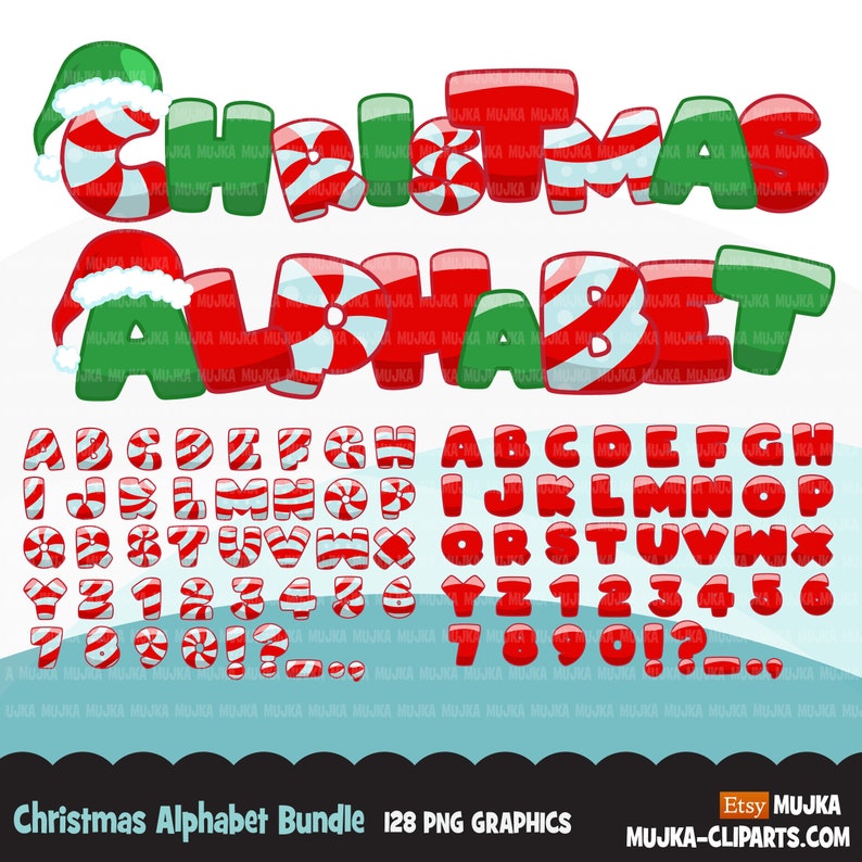 Christmas Alphabet Clipart Bundle, red, stripe and green letters cute Christmas PNG graphics, Candy cane santa hat image 1