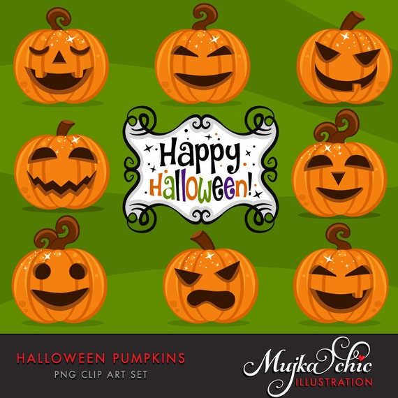 Halloween Pumpkins Clipart. Halloween Jack-o-lantern graphics, Happy Halloween Frame, Halloween wordart, Halloween Pumpkin Faces. Il_570xn