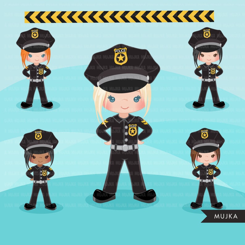 K&ouml;nnte beinhalten: F&uuml;nf Illustrationen von Kindern, die als Polizisten verkleidet sind. Jedes Kind tr&auml;gt eine schwarze Polizeiuniform mit einem gelben Abzeichen, auf dem "Police" steht. Die Kinder haben verschiedene Haarfarben und Hautt&ouml;ne.