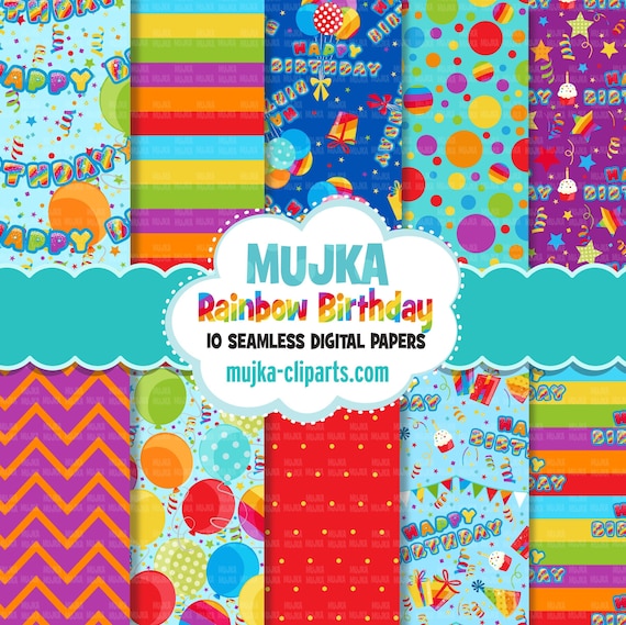 Rainbow Birthday Digital papers, seamless pattern, digital paper pack ...