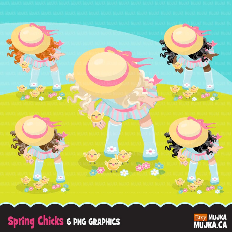 Spring girl with chicks Clipart. Cute spring illustration, little girl Easter animals egg hunt characters, Sublimation Designs, image 1