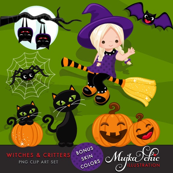 Halloween Witches & Critters Clipart with lots of cute critters, bats, cats, spider, cute witches on broomsticks. More skin colors! Il_570xn
