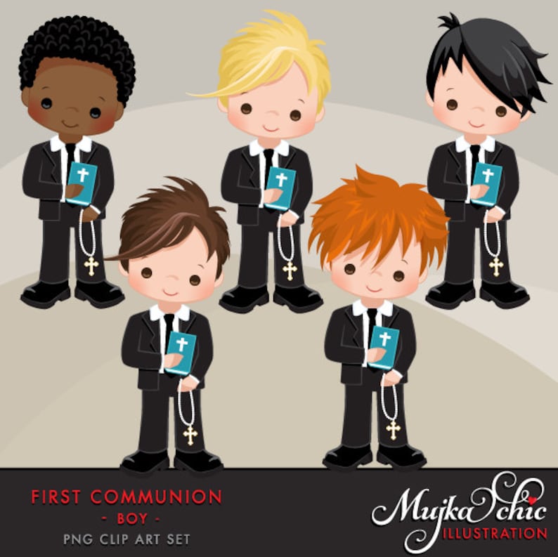 May include: Five illustrations of boys in black suits holding a book and a rosary. The boys have different hair colours and styles. The illustrations are for a first communion theme.
