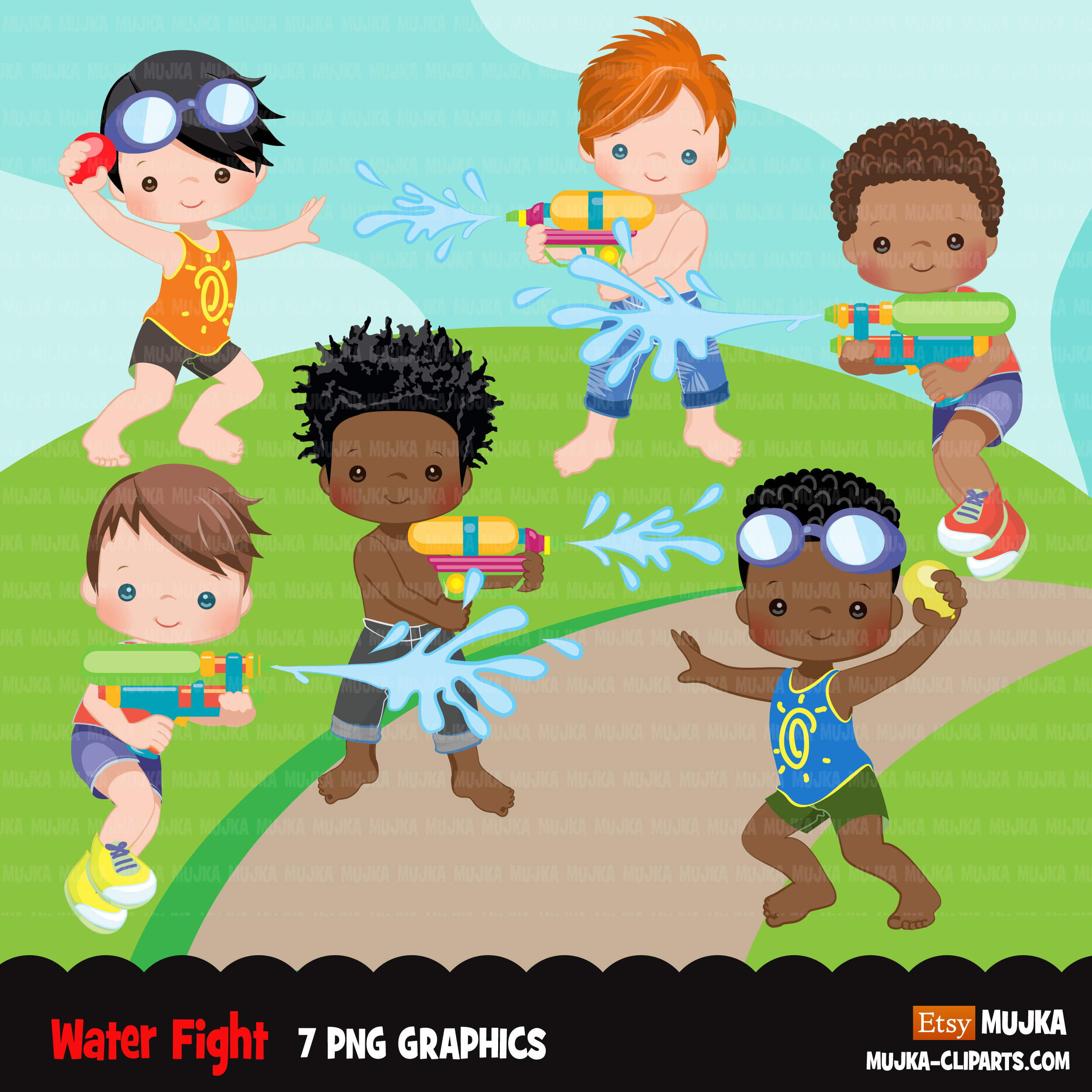 Water Gun Fight Clipart Boys Black Boys Outdoors Water Etsy UK