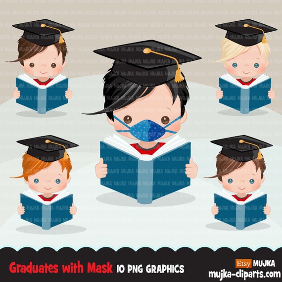Graduation Clipart, graduate boys with book and mask, school, student class of 2020 quarantine graduation graphics, PNG clip art Il_570xn