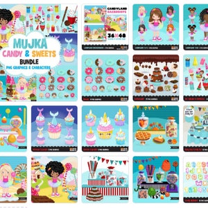 May include: A digital clipart bundle featuring illustrations of candy, sweets, and desserts. The bundle includes a variety of graphics, including cupcakes, donuts, lollipops, candy bars, ice cream cones, and more. The graphics are perfect for creating invitations, party decorations, and other craft projects.