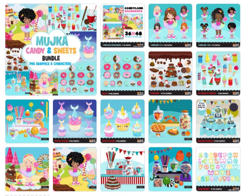 May include: A digital clipart bundle featuring illustrations of candy, sweets, and desserts. The bundle includes a variety of graphics, including cupcakes, donuts, lollipops, candy bars, ice cream cones, and more. The graphics are perfect for creating invitations, party decorations, and other craft projects.