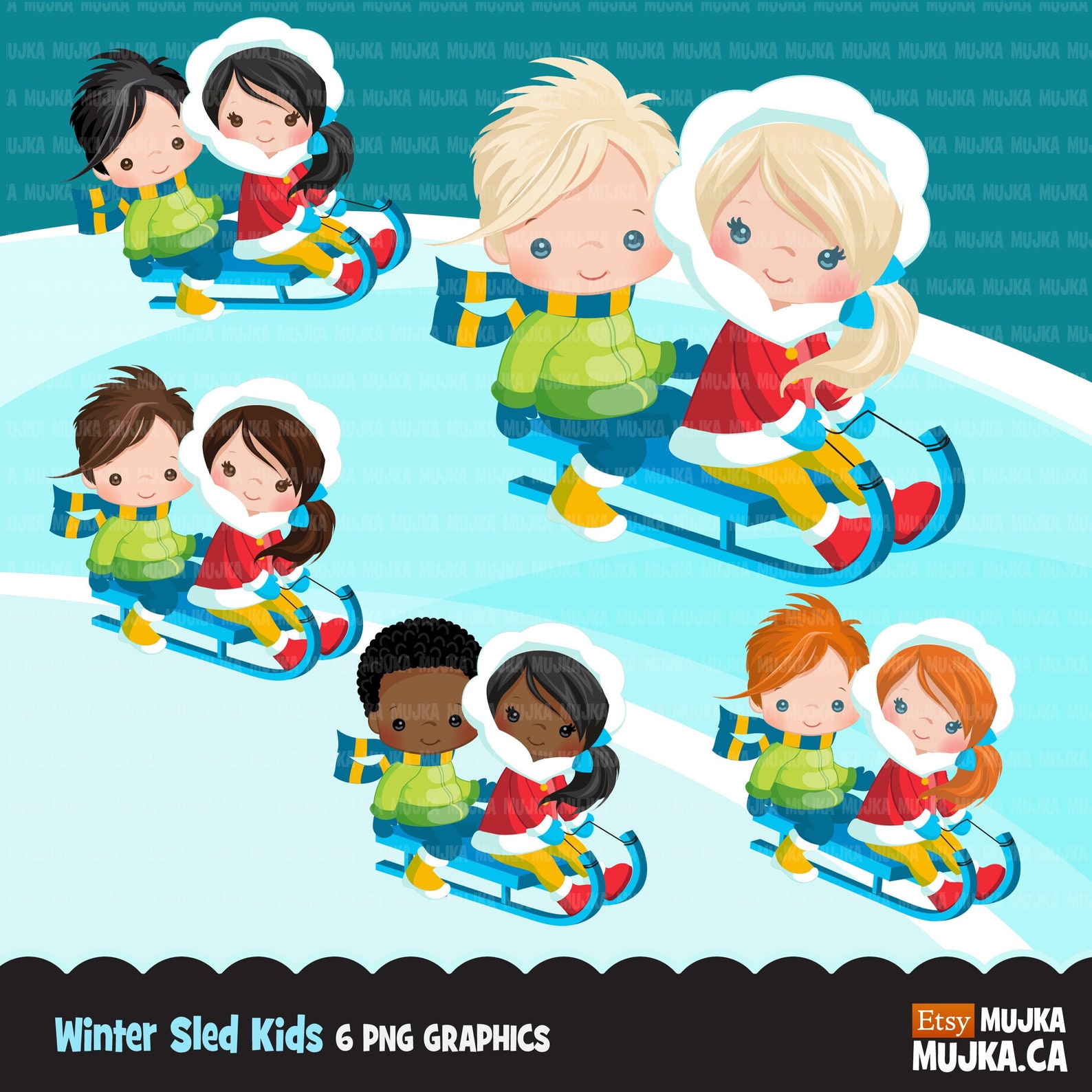 Winter Sled Snow Kids Clipart Kids Sledding Tobogganing - Etsy