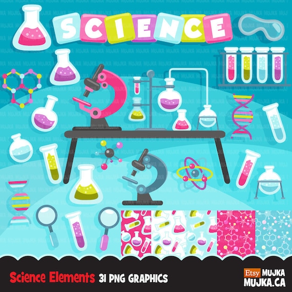 Science Clipart. Science lab school elements,scientist, test tube, test flasks, microscope, dna, atoms, digital papers, Il_570xn