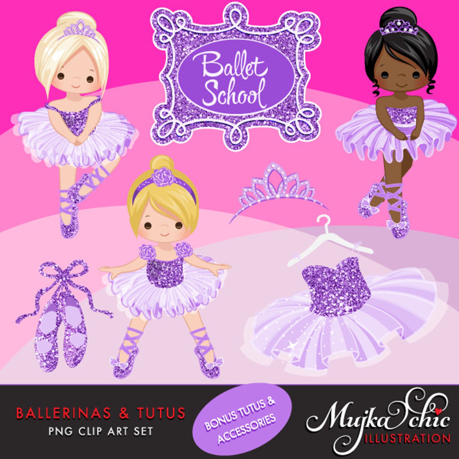 ballerinas and tutus purple glitter clipart with cute characters, purple tutus, ballet shoes graphics instant download ballerina