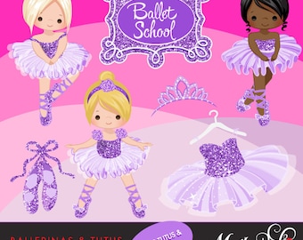 Ballerinas and Tutus Purple Glitter Clipart with cute characters, purple tutus, ballet shoes Graphics Instant Download Ballerina Graphics.