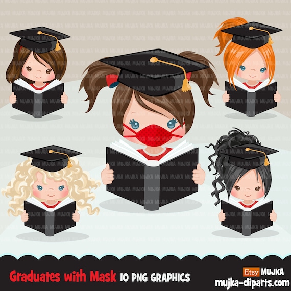 Graduation Clipart, graduate girls with book and mask, school, student class of 2020 quarantine graduation graphics, PNG clip art Il_570xn