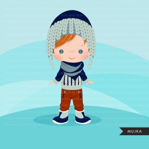May include: A cartoon illustration of a child wearing a blue sweater, brown pants, a blue scarf, and a gray knitted hat with braids. The child is standing on a light blue background.