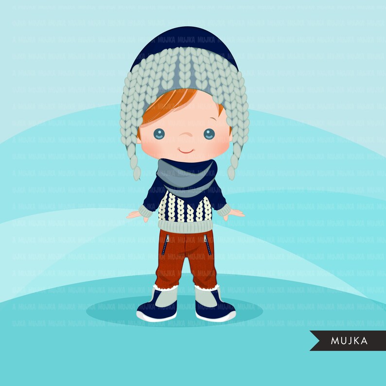 May include: A cartoon illustration of a child wearing a blue sweater, brown pants, a blue scarf, and a gray knitted hat with braids. The child is standing on a light blue background.