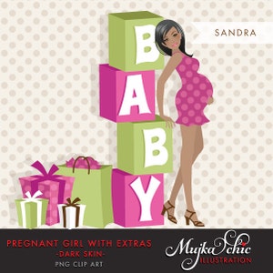 afro Projekt postaci kobiety w ciąży z pudełkami na prezenty i napisami dla dziecka. Elegancki projekt postaci na baby shower, stronę internetową, bloga lub media społecznościowe