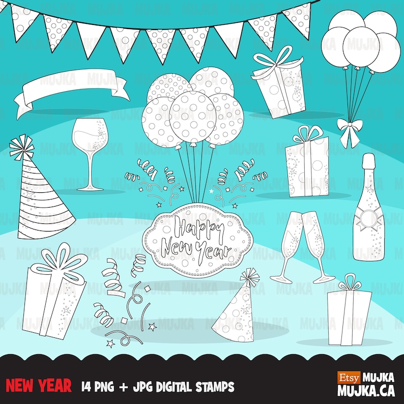 B/&W bunting banner decorations New year Digital Stamps champagne Celebration graphics gift bags scrapbook coloring outline art
