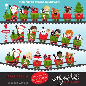Christmas Santa Train Girls Clipart. Choo Cho Polar Express, Santa and cute characters, Gifts, Tree, North Pole image 3