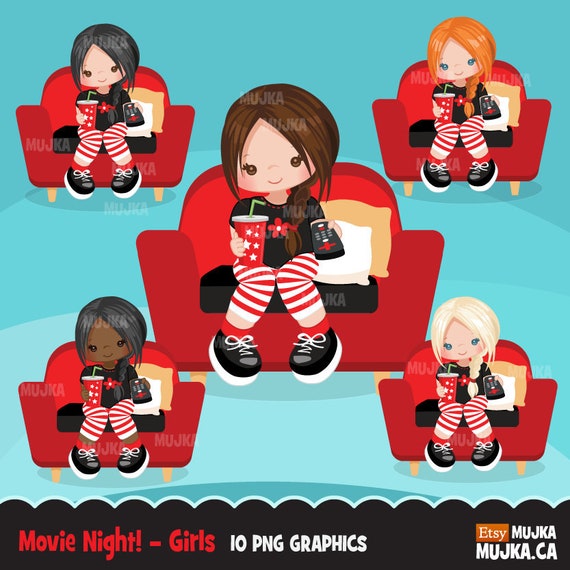 Movie night Clipart, movie birthday, black, card making, planner stickers, cookie, popcorn, sleepover party, scrapbook, character Il_570xn