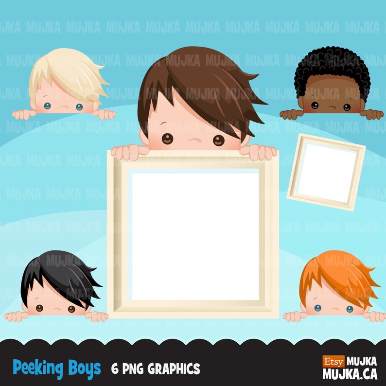 Peeking Boys Clipart. Kids peeking behind a frame, Sublimation Designs clip art, little boy with frame, mother's day, birthday invitation image 1