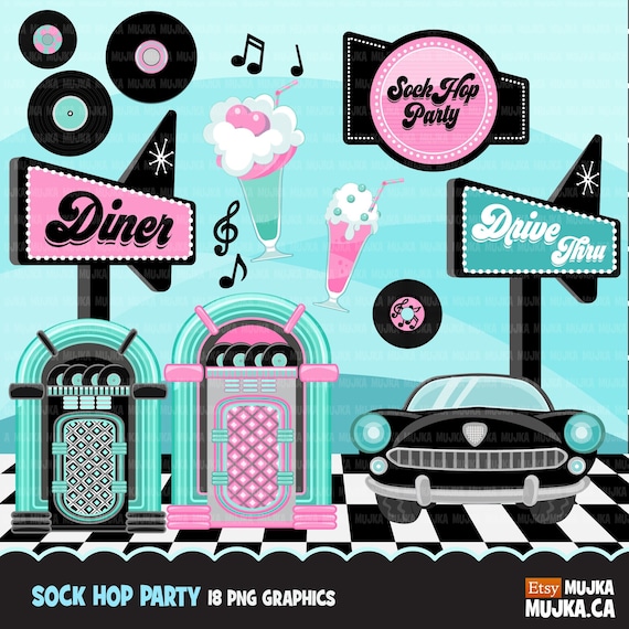 Sock Hop Party Clipart. 50's Retro Diner Jukebox Cadillac Diner