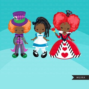May include: Three cartoon characters dressed as Alice in Wonderland characters. A girl with red hair and a crown is dressed as the Queen of Hearts, a girl with black hair is dressed as Alice, and a boy with purple and green striped clothing is dressed as the Mad Hatter.