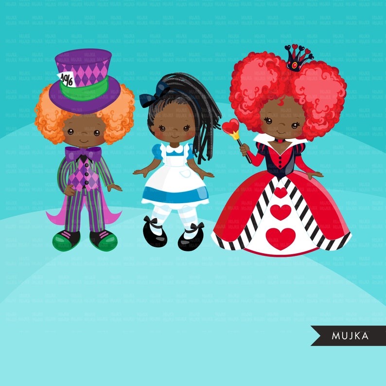 May include: Three cartoon characters dressed as Alice in Wonderland characters. A girl with red hair and a crown is dressed as the Queen of Hearts, a girl with black hair is dressed as Alice, and a boy with purple and green striped clothing is dressed as the Mad Hatter.