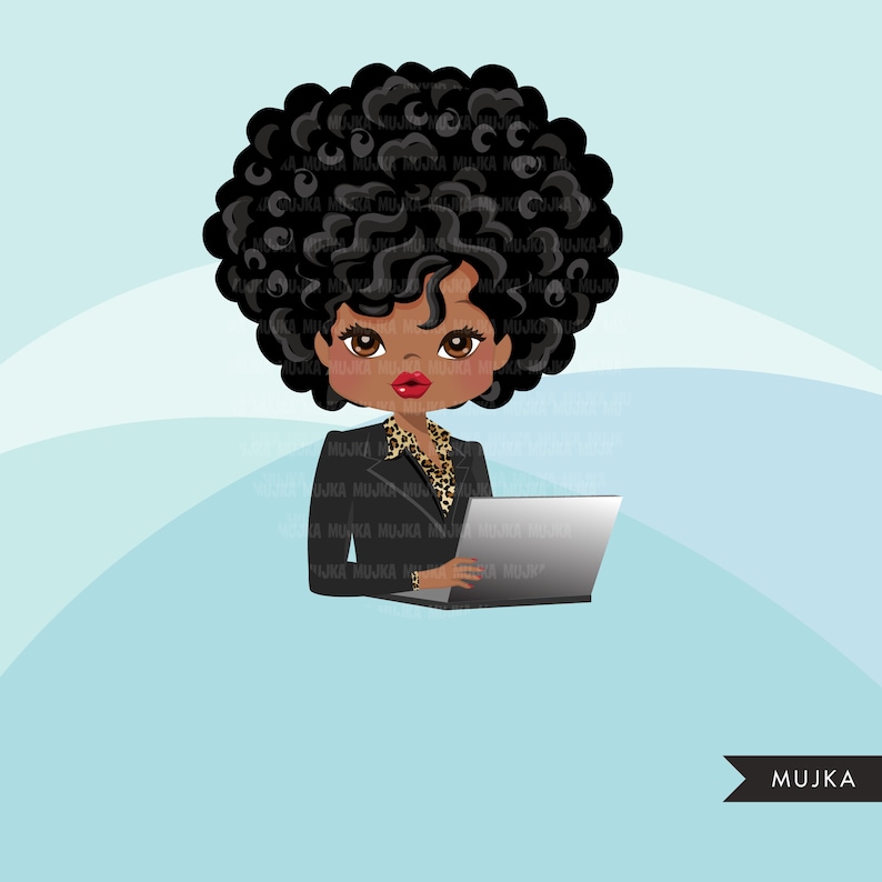 May include: A digital illustration of a Black woman with an afro hairstyle wearing a black blazer with a leopard print shirt and using a laptop computer.