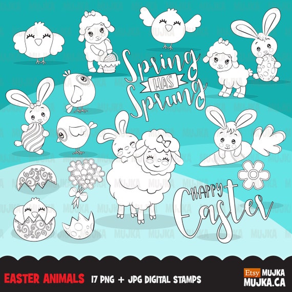 Easter animals Digital Stamps. Cute graphics, lamb, bunny, chick and eggs, flowers, coloring outline art, B&W, embroidery digitizing Il_570xn
