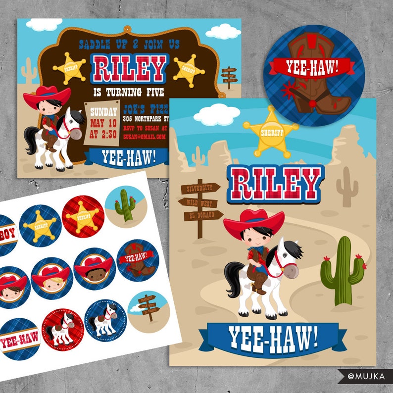 Printable Cowboy Birthday Stickers, Red & Blue Wild West Cowboys cupcake toppers, sheriff, cactus image 5