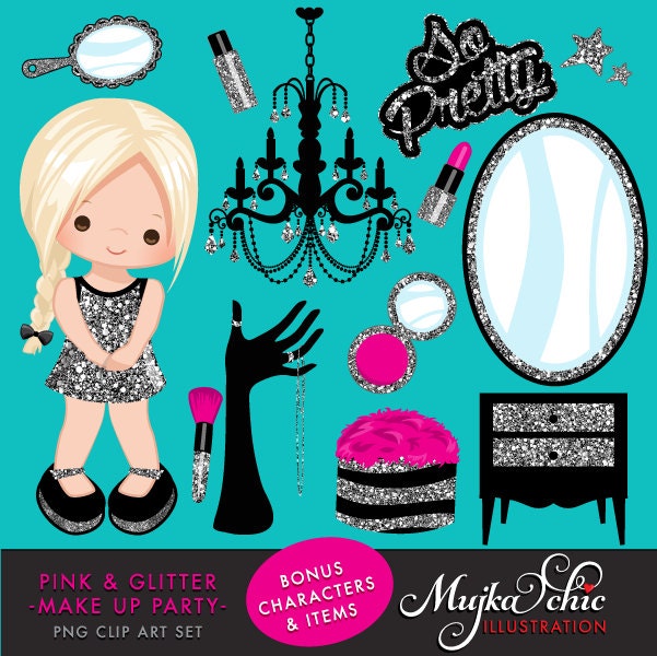 Pink & Silver Glitter Make up Party Clipart, make up, powder, eye sha…