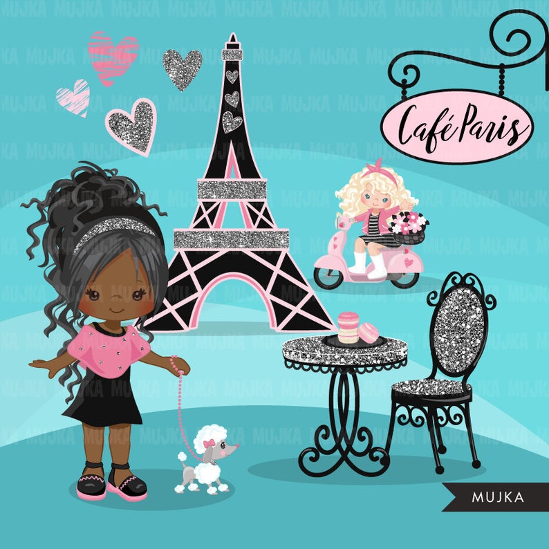 Paris clipart. Glitter pink Paris background, Eiffel tower, cute purse, flowers, french poodle, cafe table, tea party, baby shower, birthday image 3