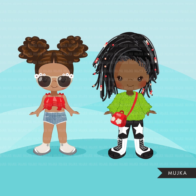 Clipart PNG di bambole di carta per ragazze nere, abiti alla moda, ragazze carine, scambia vestiti immagine 3