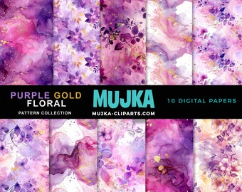 Purple Gold Floral Digital Paper: Watercolor Scrapbook Patterns (PNG)