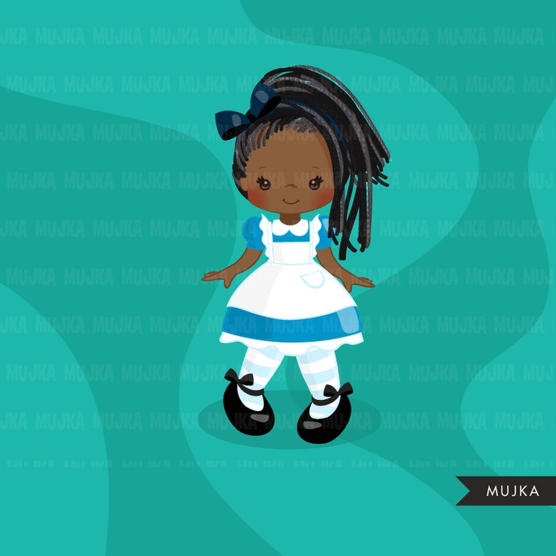 May include: A cartoon illustration of a young girl with brown skin and black hair in braids wearing a blue and white dress with a white apron. She is smiling and has a blue bow in her hair. The background is a turquoise blue with a wavy pattern.