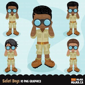 May include: Set of ten digital illustrations of safari boys wearing khaki shorts, brown shirts, and brown boots. Each boy is holding binoculars and looking through them. The boys have brown skin and black hair. The background is a light blue.