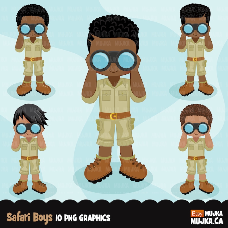 May include: Set of ten digital illustrations of safari boys wearing khaki shorts, brown shirts, and brown boots. Each boy is holding binoculars and looking through them. The boys have brown skin and black hair. The background is a light blue.