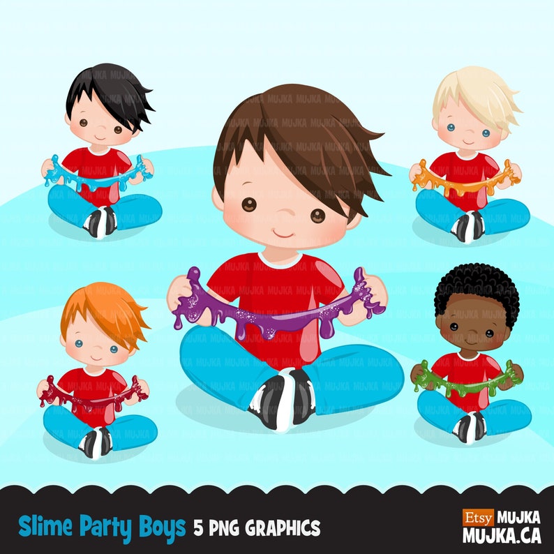 Slime clipart. Slime party boys clip art, cute boys playing with slime, Sublimation Designs party graphics, scrapbooking, , art image 1