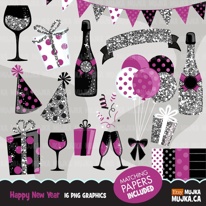 Party clipart Celebration graphics, Silver Glitter Gift boxes, balloons, banners, ribbon, confetti, digital papers image 1