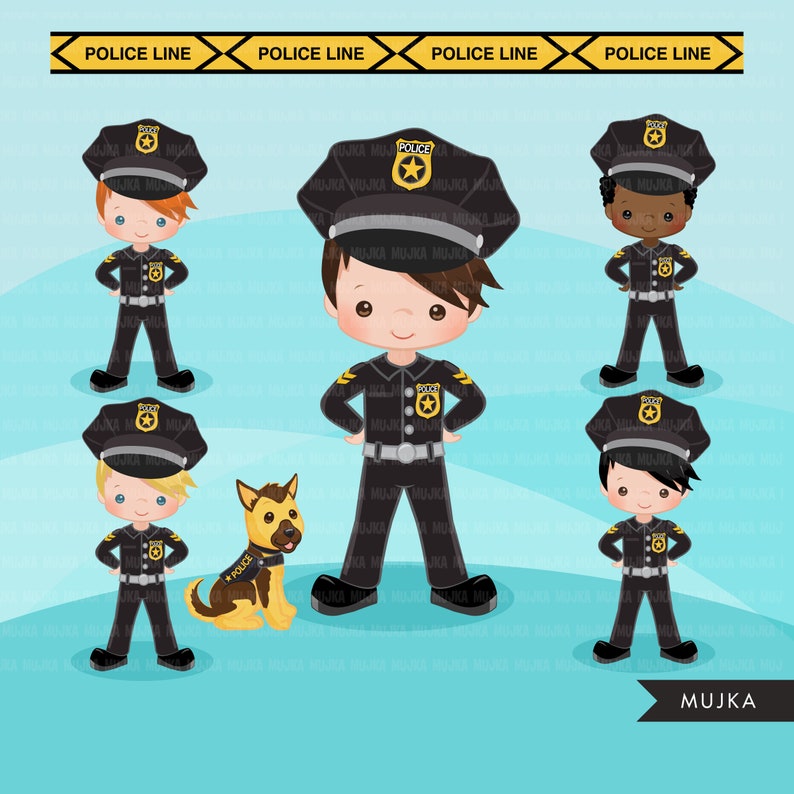 K&ouml;nnte beinhalten: F&uuml;nf Comic-Illustrationen von Polizisten, vier davon sind Kinder und eines ist ein Hund. Die Kinder tragen schwarze Polizeiuniformen mit gelben Abzeichen und schwarzen H&uuml;ten mit gelben Sternen. Der Hund tr&auml;gt eine gelbe Weste mit dem Wort "Polizei" darauf. Der Hintergrund ist hellblau.